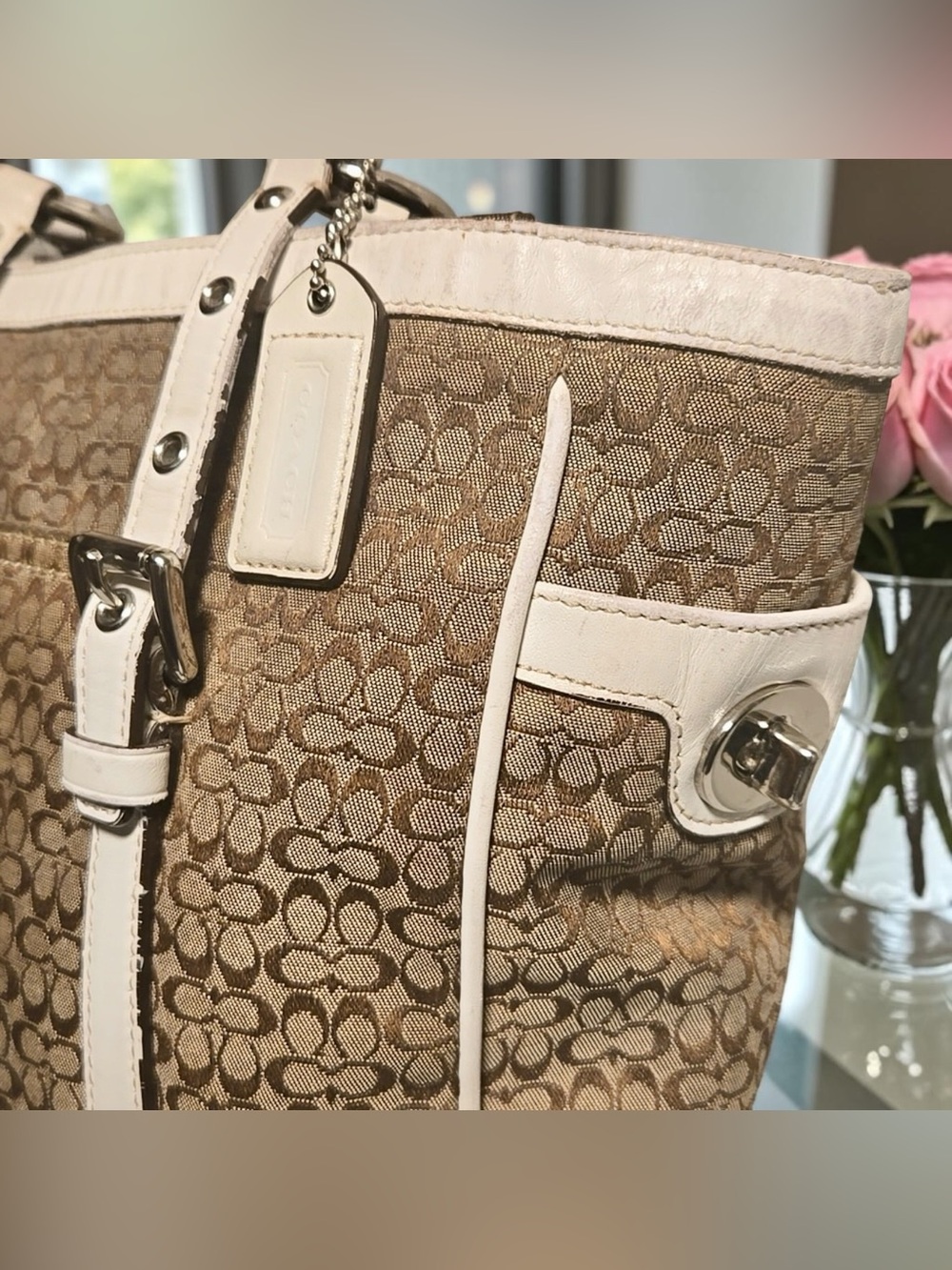 Coach 2007 Khaki and Chalk Signature Canvas Tote with Leather Trim - Picture 6 of 14